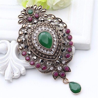 

Vintage Turkish Brooch Plus Size Women Hairpins Jewelry Antique Gold Color Water Drop Brooches Broches Cap Badge Hijab Pins