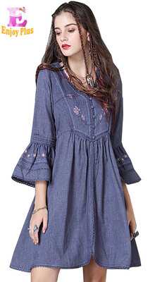 

S M L High Quality chest 92-100cm vintage cotton autumn 2017 dress women flare half sleeve a line flower embroidery loose midi