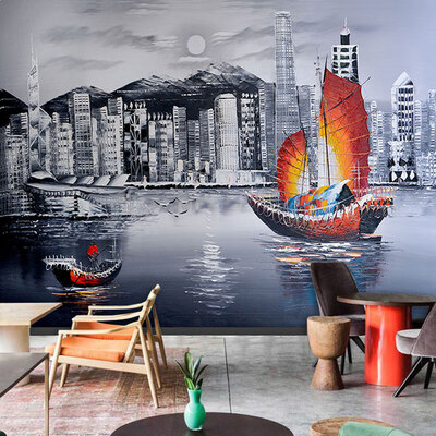 

Abstract European metropolitan town night landscape oil painting TV backdrop wall decoration wallpaper mural