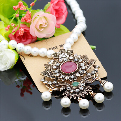 

Vintage Flower Strand Bead Pendant Necklace Set Women Antique Simulated-Pearl Chain Турецкая индийская свадебная смола Корсаж ювел