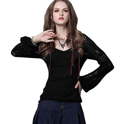 

High Quality chest 78-93cm vintage wool&cotton new autumn 2017 pullover sweater women long sleeve black purple slim v neck