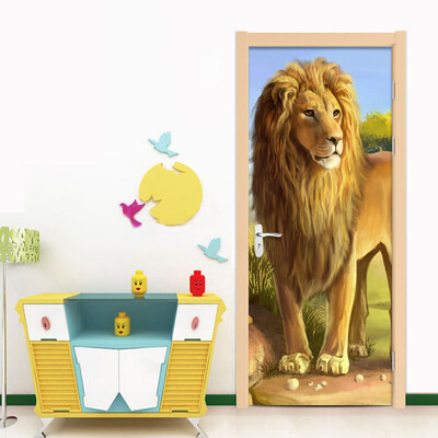 

3D Wallpaper Cartoon Lion Animal Mural Room Door Home Decor Sticker DIY PVC Waterproof Eco-Friendly Door Sticker 77cm x 200cm