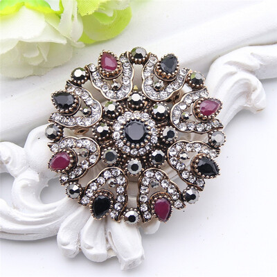 

Vintage Turkish Rhinestone Flower Brooch For Women Antique Gold Color Multicolor Resin Round Brooches Broches Party Scarf Pins