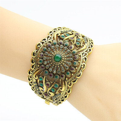 

New Style Turkish Women Flower Bangle Ethnic Cuff Antique Gold Color Jewelry Bracelet India Hollow Arabesque Bridal Bangles