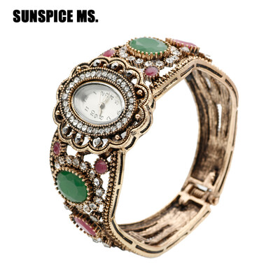 

SUNSPICE MS Vintage Women Watch Turkish Design Resin Crystal Flower Bangle Quartz Watches Antique Gold Ethnic Jewelry Retro Gift
