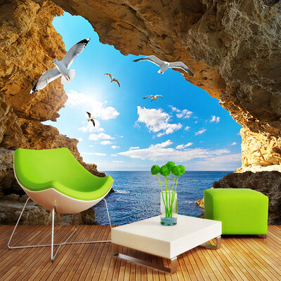 

Пользовательские фото Mural Wall Paper 3D Sea Island Cave Blue Sky Белые облака Чайки Большие обои для рабочего стола Гостиная Спальня Декор