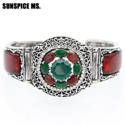 

SUNSPICE MS Ethnic Indian Resin Cuff Bracelet Antique Silver Color Hollow Flower Bracelets Bangles Watch Style Vintage Jewelry