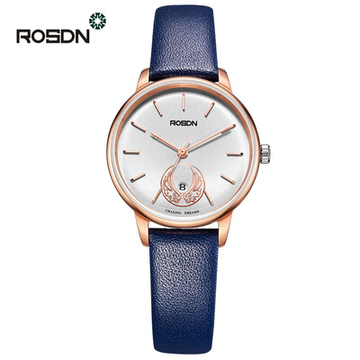 

Luxury Brand ROSDN Quartz Watches women Elegant Rose Gold Watch with Simple Dial Calfskin Leather Strap Watches for Women