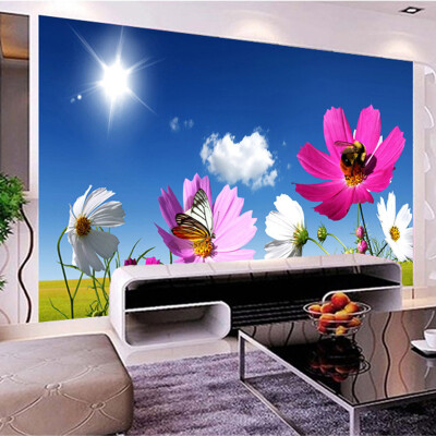 

Fantasy Chrysanthemum Flowers Photo Wallpaper 3D Blue Sky Sunshine Pastoral Mural Living Room Backdrop Papel De Parede Floral 3D