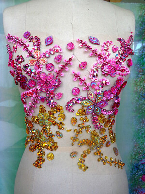 

горячая продажа! Ручная розовая / золотая кристалл патчи пошивают на Rhinestones applique с камнями блестками бисер 31 * 27 см для платья