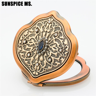 

Ethnic Turkish Women Retro Crystal Flowers Metal Portable Makeup Mirror Vintage Cosmetic Mirror Antique Gold Color Body Jewelry