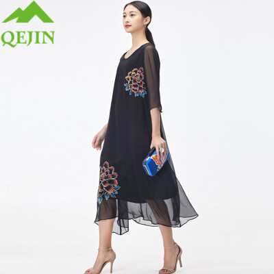 

2018 Sommer Kleid women dresses vestidos floral Embroidery nature silk half sleeve sun dress maxi long beach o-neck elegant dress