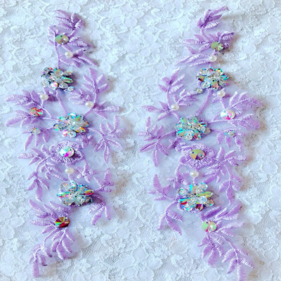 

Light purple trim patches lace applique with rhinestones sequins beads 248cm for dress skirt