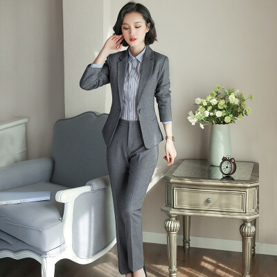 

Long Yue womens spring&autumn professional wear suit jacket shirt western skirt trousers OL work interview uniform striped long-sleeved suit professional suit LWXF181508 gray trousers L