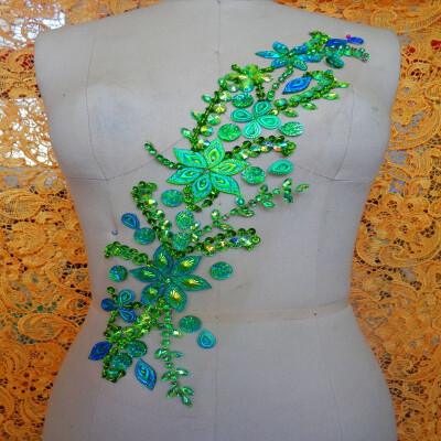 

Handmade crystal trim patches sew on green Rhinestones applique with stones sequins beads 4211cm for dress skirt