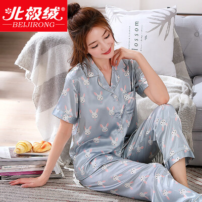 

Beijirong Bejirog pajamas women spinning home service youth Korean version of the short-sleeved pajamas women pajamas temperament Ms home service suit blue gray rabbit