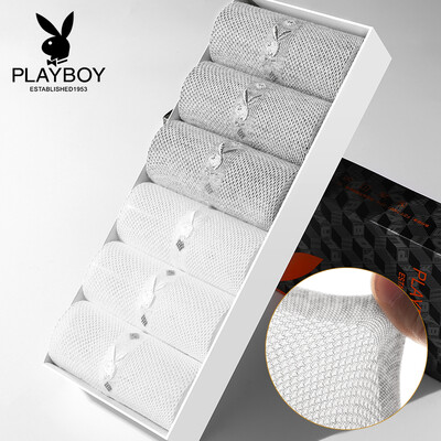 

Playboy mens socks cotton ultra-thin mesh breathable tube business casual socks 6 pairs gift box black three deep hemp gray three combination code