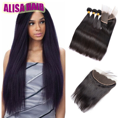 

Straight 8A Brazilian Virgin Hair Straight 4 Bundles with Ear to Ear Frontal Closure Unprocessed Peruvian Wet&Wavy Human Hair