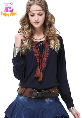 

High Quality chest 84-90cm vintage cotton new 2017 basic blue long sleeve t shirt women tops embroidery casual loose bow lady