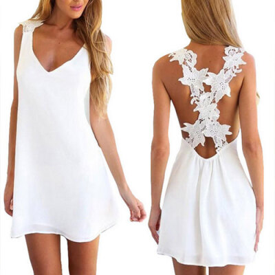 

Lovaru ™ Fashion summer style 2015 Pure color chiffon dress The back hollow out lace design Sleeveless v-neck summer dress