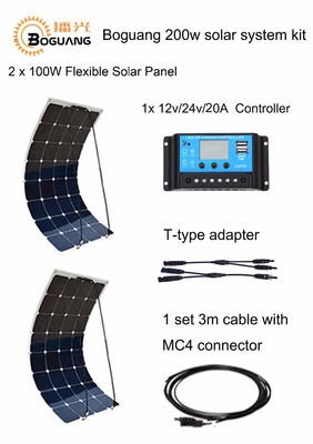 

BOGUANG Waterproof 200W Solar panel System 2pcs 100W PV Flexible 12V solar panel 20A solar controller cable for DIY RV Boat Kits
