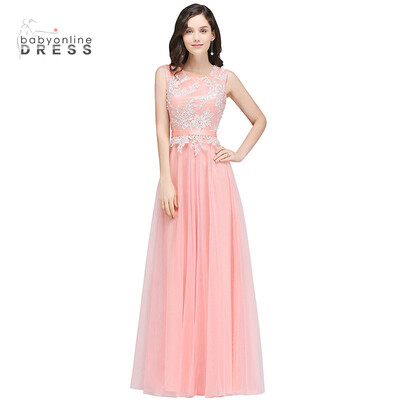 

Babyonlinedress A Line Long Evening Dresses Tulle Appliques Sash Robe De Soiree 2018 Solde Zipper-Up Floor Length
