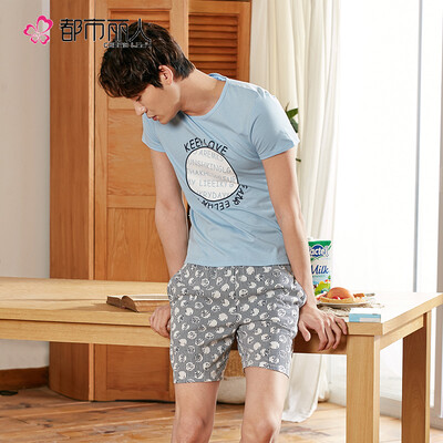 

Urban front still mens pajamas cotton short-sleeved shorts fresh Korean version of the home service suit FH7001 light gray strip