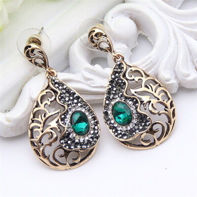 

Vintage Turkish Women Long Round Earring Hollow Flower Resin Jewelry Antique Gold Color Water Drop Ethnic India Bride Jewelry