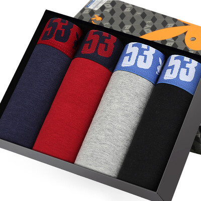 

Playboy underwear mens underwear boyshort cotton waist elastic four corner pants youth underwear 4 gift box black gray blue deep red blue XXXL