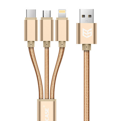 

ESCASE car charger line auto supplies magnetic three-in-one data line Apple Andrews type-c one drag three fast charging source line 12 meters champagne gold