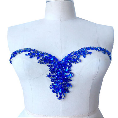 

Pure hand made royalblue sew on Rhinestones applique on mesh crystals patches 34x18cm dress accessory