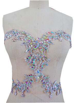 

hand made crystals trim patches clear AB colour sew on Rhinestones applique on mesh 3427cm for top dress skirt
