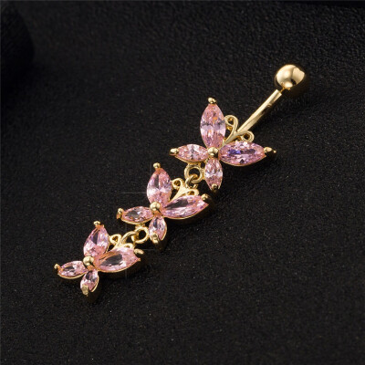 

Exquisite Women Zircon Butterfly Piercing Belly Button Rings Gold Color Copper Barbell Navel Body Jewelry 316L Medical Steel