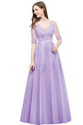 

Bridesmaid A-line V-neck Half Sleeves Gray Lace Evening Dresses Sexy Backless Applique Long Prom Dresses