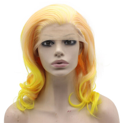 

Medium Long Wavy Heat Resistant Fiber Pink Yellow Party Wig