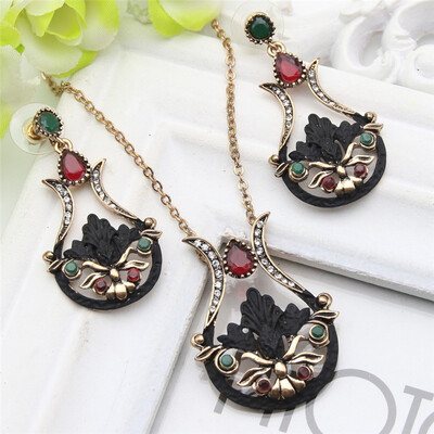 

Vintage Turkish Women Flower Dangle Earrings Love Necklace Jewelry Sets Hollow Black Paint Antique Gold Resin Ethnic Bijoux