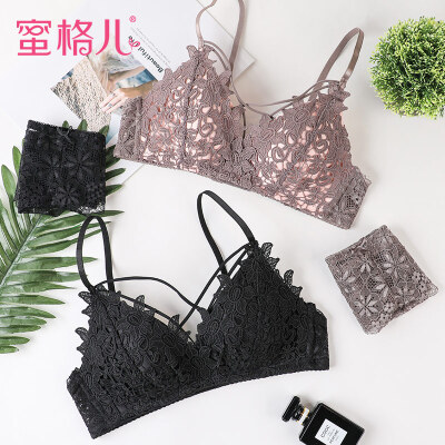 

Honey lattice sexy cross without rims lace girl bra set small chest gathered to receive the milk on the underwear women WN5016 black 75A