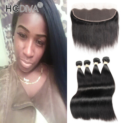 

HCDIVA Straight Hair Lace Frontal with 4 Bundle Mongolian Virgin Human Hair Straight Bundle with Pre Plucked Free Frontal Closure