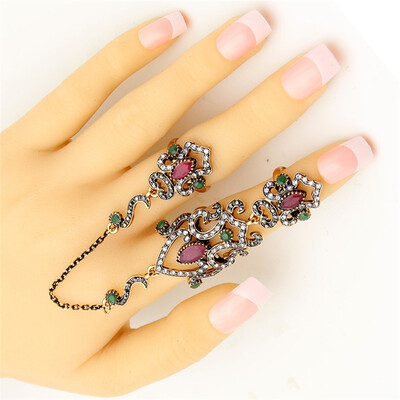 

Big Discount Brand Design Turkish Double Finger Rings Women Rhinestone Exquisite Antique Flower Ring Anillos Ajustable Size Gift