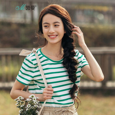 

INMAN 2018 summer new literary fan short sleeve striped T-shirt female 1882022694 grass green