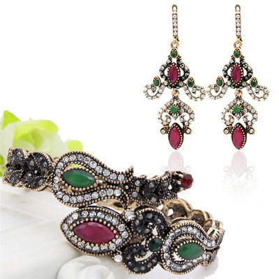 

Factory Price Turkish Women Vintage Flower Resin Bangle Drop Earrings Antique Gold Color Long Dangle Earring Bracelet Cuff Sets