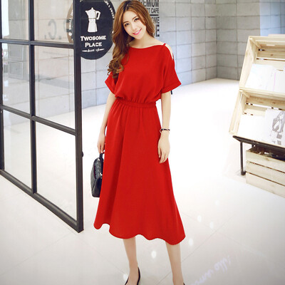 

Lovaru ™New 2015 fashion Korean version of the round neck bat short sleeve elastic waist solid color dress