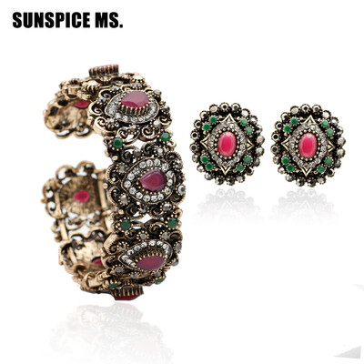 

Good Deal Turkish Women Resin Bangle&Earrings Jewelry Sets Antique Gold Color Elastic Flower Bangle Stud Earring Indian Bijoux