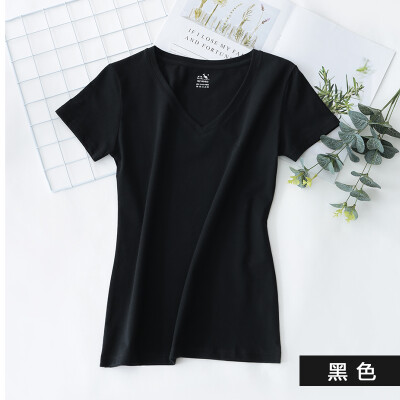 

Kangshu DaiShu solid color simple short-sleeved T-shirt ladies V-neck slim half-sleeve T-shirt tops wild cotton bottoming shirt black