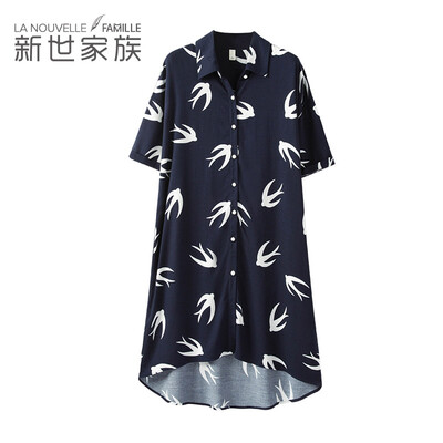 

New world family pajamas womens summer new short-sleeved cardigan can be worn outside sexy nightdress female summer home service 73822004 dark blue L