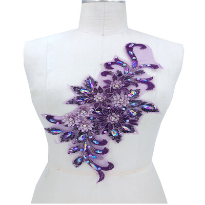 

Three-dimensional flower dark purple lace applique with handsewing beads rhinestones trim patches 3816cm for dress