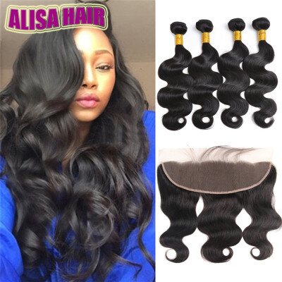 

Brazilian Body Wave 13x4 Ear To Ear Pre Plucked Lace Frontal Closure With Baby Hair Remy Human Hair Free Part Frontal 4 Bundles Wi