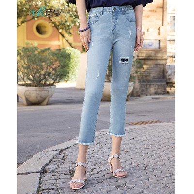 

INMAN 2018 summer new slim slimming fake hole elastic raw hair jeans seven pants women 1882333397 shallow denim 29