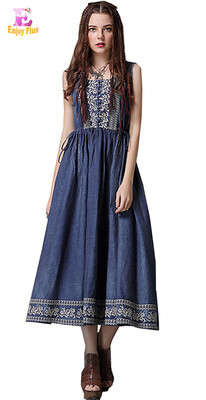 

M L elegant cotton new summer 2018 long jeans dress women sleeveless denim blue ankle length a line embroidery bow casual