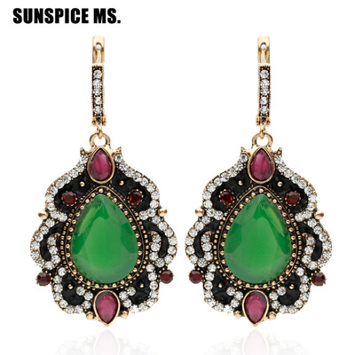 

New Turkish Women Long Hook Vintage Earrings Water Drop Resin Antique Gold Color Ethnic Jewelry Indian Bridal Wedding Bijoux